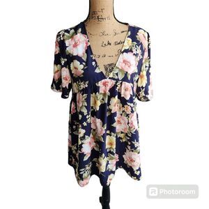 I Joah Premium Baby Doll Top Womens SZ Large Floral Ruffle V Neck Spring Bloom